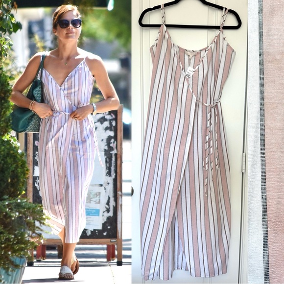 Wayf Dresses & Skirts - WAYF Dusty Rose Stripes Cotton Linen Blend Midi Wrap Dress NWT